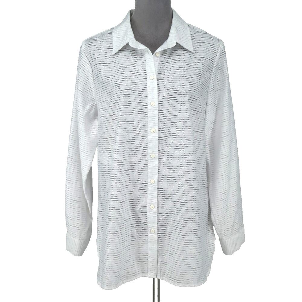 Coldwater Creek Top Petites LP PL 14P P14 White Blouse Semi Sheer Coastal Preppy